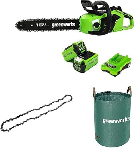 Greenworks Tronçonneuse à Batterie avec Moteur Sans Balais, Longueur Guide-Chaîne 16 Pouces (40cm) 2 Batteries 40V 2Ah, Chargeur+ Greenworks 40cm Chaîne + Sac à déchets de jardin Greenworks 120 L
