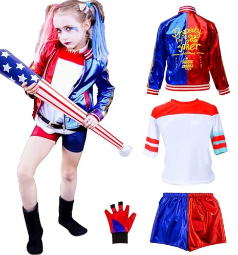 Kitimi Déguisement Q-uinn Enfant Femme Déguisement Halloween Carnaval Fille Avec Gants, Veste, T-shirt, Short Sur Le Thème Des Déguisements Cosplay Pour Carnaval Halloween Cadeau(150)
