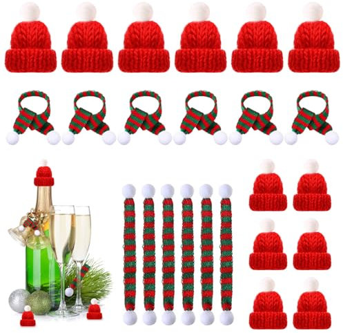 24 Stücke Mini Weihnachtsmützen, Mini Weihnachtsmütze Schal Set, Mini-Strickmütze des Weihnachten, Kleine Weihnachtsmützen für Weihnachten Weinflasche Abdeckung, Weihnachtsdeko, Weihnachtsfeiern