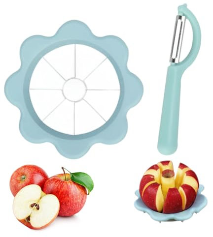 Jadin Descorazonador de Manzanas, Cortador Manzana, Divisor de Manzanas de Acero Inoxidable, Cortadora de Manzanas de 10 Cuchillas, para Uso Doméstico y de Cocina, con Pelador de Manzana, Azul + Verde