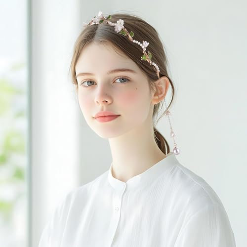 COMNICO Flower Headband, 1Pcs Crystal Tassel Headband Gold Leaf Boho Headband Hair Chain Hairhoop Wedding Fairy Accessories Headpiece Bridal Crown for Women and Girls Birthday Party
