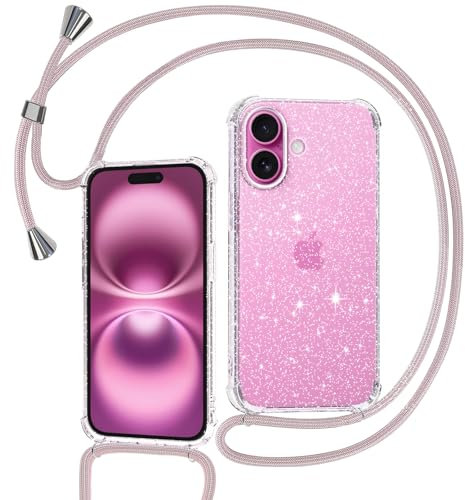 Tikgue Handyband für iPhone 16 Hülle mit Band, Handyhülle mit Kordel zum Umhängen Schutzhülle mit Kette Glitzer Transparent Weich TPU Silikon Bumper - Roségold