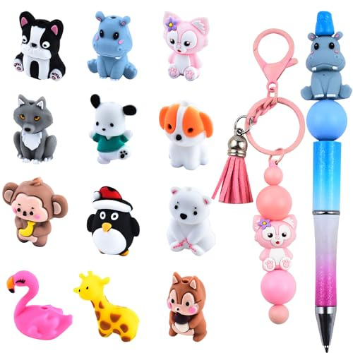 WOZADU 3D Animal Theme Silicone Beads for Keychain Making, 12 PCS Silicone Focal Beads for Pen, Loose Beads for Bracelet Necklace Lanyard Jewelry and Handmade Crafts Making
