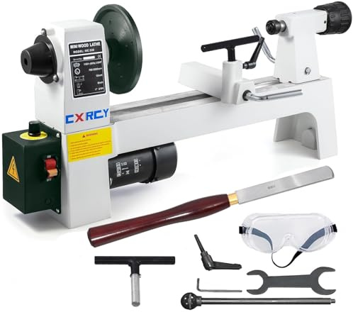 CXRCY Wood Lathe, 8 x 12 Mini Benchtop Wood Lathe Machine 1/3 HP Infinitely Variable Speed 750-3200 RPM with 2 Tool Rests, Lathe Chisel, Goggle for Woodworking, Woodturning