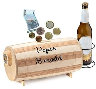 Spardose aus Holz mit Flaschenöffner & Flaschenhalter – Bierfass mit Gravur „Papas Biergeld“ – Männergeschenk, Kronkorkenbehälter, Bar-Deko