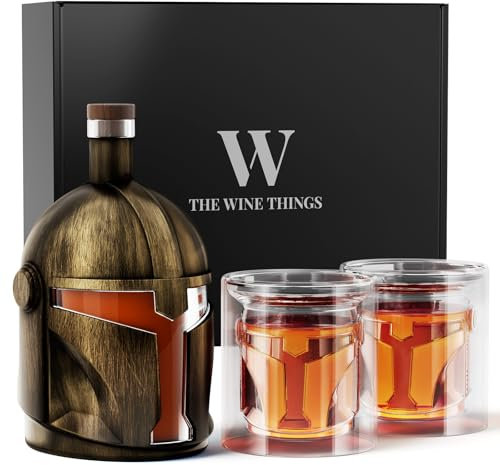 Galaxy Whiskey Decanter Set for Men, 34 Oz Decanter with Two Glasses, Handmade Glass Decanter Set with Unique Helmet Design, Gift for Men, Dad, Cool Drinking Accessories for Home Bar (E-Bronze)