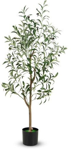 COSTWAY 130cm/182cm Artificial Olive Tree, 1/2 Pcs Tall Faux Topiary Plants with Realistic Fruits, Fake Greenery Olive Silk Plant in Cement Pot for Indoor Outdoor Decor (130cm, 1, Count)