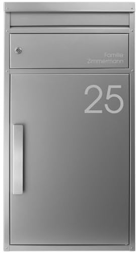SafePost Paketbriefkasten Silber personalisiert Paketbox XXL wetterfest rostfrei freistehend 65M Standbriefkasten massiv geräumig Paketstation für alle Zusteller Briefkasten mit Paketfach riesig