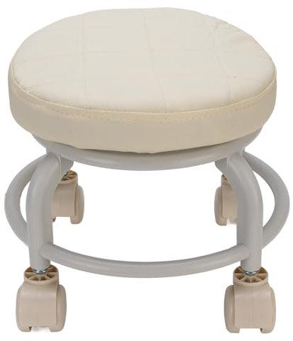 Niedriger Hocker mit Lenkrollen, Runder Sitzhocker aus PU-Leder mit Rollen für Garage, Zuhause, Büro, Geschäft, Beige