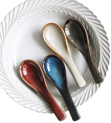 4 cucharas de sopa asiáticas, cucharas de sopa de cerámica antideslizantes de 5.6 pulgadas para sopas Pho, Ramen, Wonton chino y vietnamita, albóndigas, fideos y sopas coreanas
