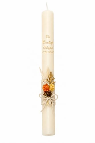 Vela/Cirio de bautizo de CERA BEIG decorada con pick floral rústico para niño/a (RUSTICO)
