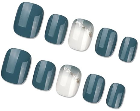 Lot de 24 faux ongles courts brillants bleu mer French Tip avec motifs scintillants pour femme