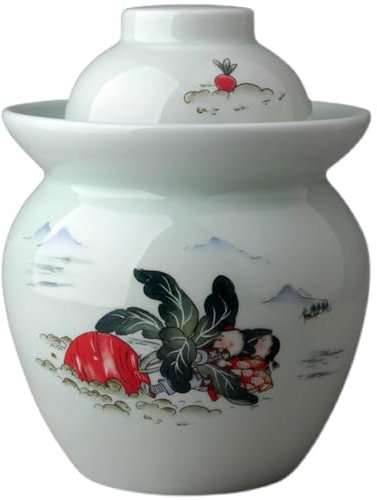 DECORN Hand-Painted Traditional Chinese Porcelain Pickle Jar, Ceramic Fermentation Crock Pickling Pot, Fermenting Jar with Water Seal Airlock Lid, Stoneware Fermenter for Kimchi Saue,A,0.5kg