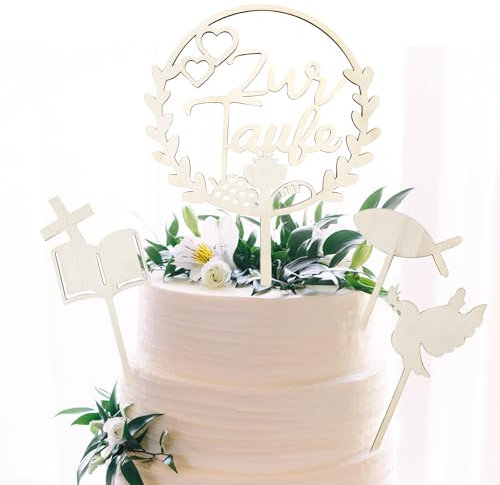 Cake Topper Taufe,4 Stücke Taufe Tortendeko,Holz Cake Topper Kommunion,Kuchen und Cupcakes Dekorieren,Geeignet für Besondere Anlässe Wie Kindertaufen