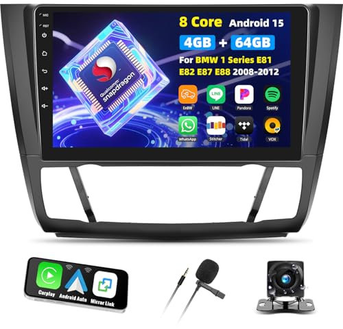 8 cœurs Qualcomm Android 15 4+64G Autoradio pour BMW Série 1 E87 E81 E82 E88 (2008-2012), écran Tactile 9 Pouces avec CarPlay, GPS, WiFi, FM/RDS, DSP, 3D, caméra de recul