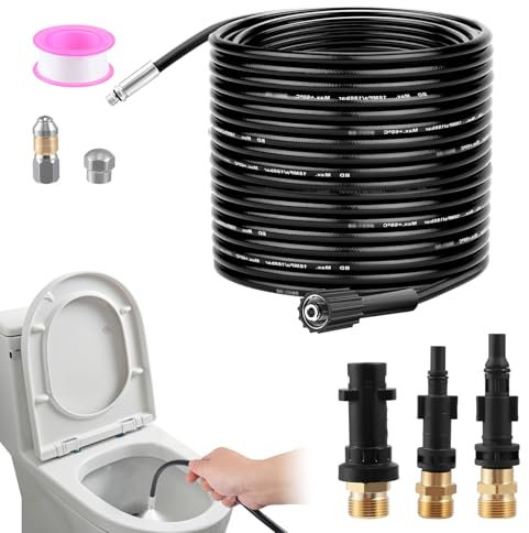 Furet Deboucheur Canalisation Haute Pression 15M,Tuyau Flexible 210 Bar 60°C,Avec Adaptateur,Buse Fixe/Rotative,Rallonge De TUyau Karcher,TUyau Pour Karcher Nettoyeur Compatible Avec Kärcher K2-K7