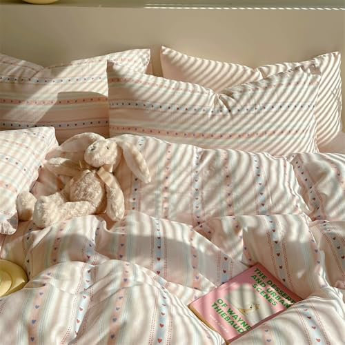 Michorinee Housse de Couette Cœur 140x200 Rose avec Taie d'oreiller 65x65 cm - Moderne Parure de Lit Rayée en Microfibre - Linge de Lit 1 Personne Adulte avec Fermeture Éclair