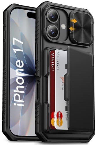 Vihibii Coque pour iPhone 17 avec Porte Carte, Protection Cache Camera, RFID Blocage, Silicone Protection Militaire Antichoc, Robuste Portefeuille Étui Case pour iPhone 17 6,3 Pouces 2025, Noir