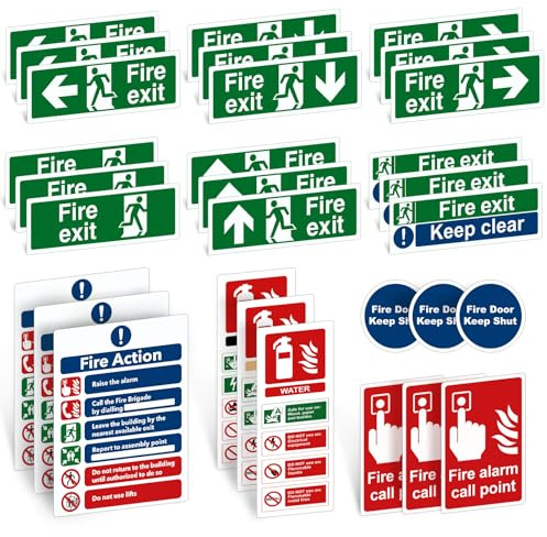 Fire Exit Sign Kit 30pcs - Self-Adhesive Vinyl Safety Signs - Fire Action, Exit Keep Clear, Door Keep Shut, Extinguisher Stickers - Waterproof UV Resistant EN ISO 7010 Compliant