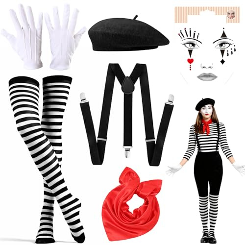 RAOPNHS Pantomime Kostüm Damen & Herren – Clown Kostüm Set für Karneval & Fasching – Komplettes Faschingskostüme Damen/Herren Set mit Mütze, Handschuhen, Strümpfen, Schal & Stickern