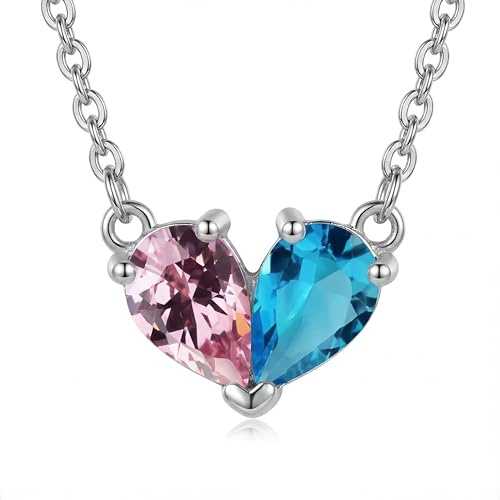 AUROGLOW Double Birthstone Necklace for Women, Personalized Heart Pendant with Two Birthstones, Custom Mother Daughter or Couple Necklace