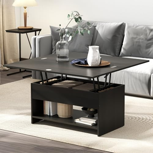Table Basse Relevable, Tables Basse Extensible Multifonctionnelle 4 en 1 pour Salon, avec 3 Cases de Rangement Cachées, Table Basse Convertible Manger (Pied à Panneau avec étagère, Noir brunâtre)
