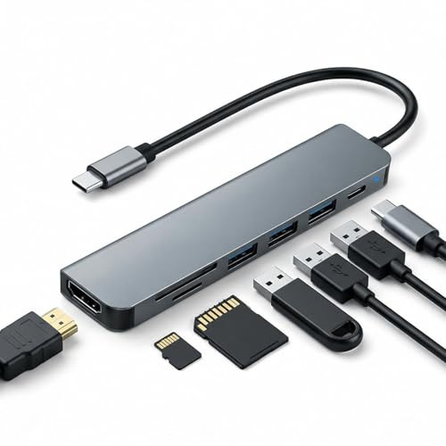 Hub USB C 7 en 1 con PD 100W, USB C Docking Station con Múltiples Puertos | Adaptador Multipuerto Tipo C con 1 x USB 3.0 5Gbps+2 x USB 2.0, HDMI 4K@30Hz, Lector Tarjetas SD/TF, para iPhone iMac iPad