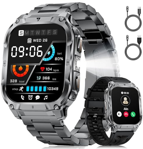 Reloj Inteligente Hombre con LED Linterna, 1000mAh/IP68 Impermeable/2.0 HD Militar Smartwatch con Llamadas, 100+ Modos Deportivos/24H Pulsómetro/Sueño Pulsera Actividad Android iOS, Negro-Acero