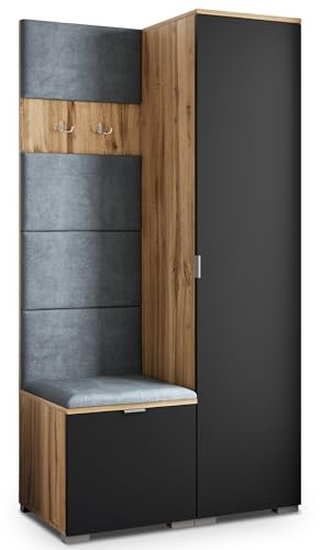 Masseno Flugarderoben Set Lori, Kleiderschrank-Set mit Sitzbank, Garderobenschrank Flur mit 3 Regalböden, Eiche Wotan/Schwarz