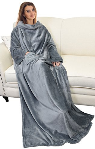 Catalonia Classy Wearable Snuggle Blanket with Sleeves and Pocket, Soft Cosy Fleece Slankets for Women Fluffy Plush Throws Winter TV Blanket for Sofa Couch 185 x 130 cm, Grey