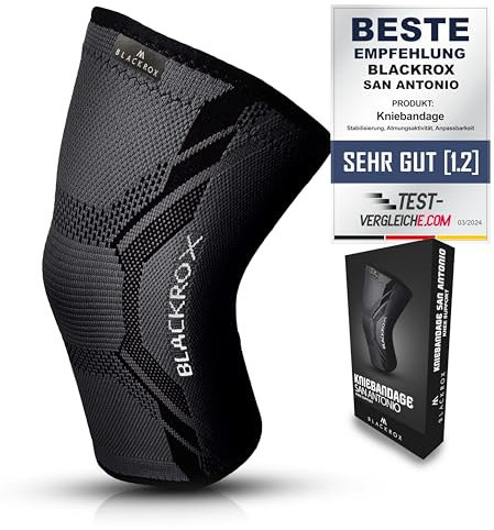 BLACKROX Kniebandage [Vergleichssieger 2024] Gr. S-XL | Für Damen & Herren | Stabilisierung das Knie & Meniskus | Perfekt für Sport, Kraftsport & Bodybuilding | SAN ANTONIO V4 | Schwarz Gr. L