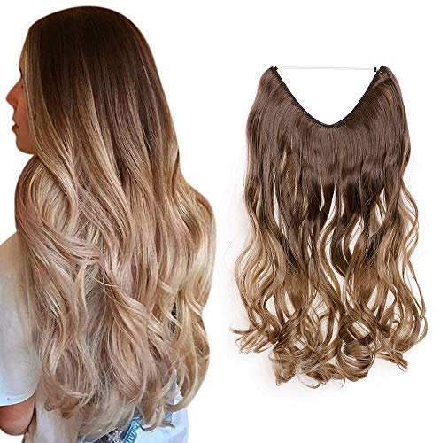 Silk-co Haarverlängerung mit Gummiband, Einstellbar Secrets Haarteil Synthetik, Extensions mit Schnur unsichtbar, Gewellt Extensions für Frauen, Schokoladenbraun zu Dunkelblond, 50cm