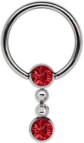 Modern Nature Piercing-Schmuck Intimpiercing Titan Ring in 1,6 x 10 mm mit Kette und 5 mm Stein-Kugeln in rot