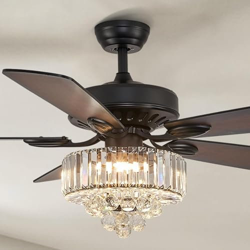 NOXARTE Ventilador de techo de cristal de 52 pulgadas con luz y control remoto, aspas reversibles, lámpara de araña negra para comedor, sala de estar, dormitorio, casa de campo