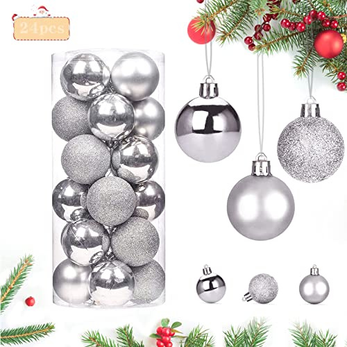 Christbaumkugeln, Kugeln Weihnachtsdeko aus Kunststoff, 24 Stück Dekokugeln Weihnachten, Weihnachtsbaum Deko, Baumanhänger Ornamente hängende Kugeln, Christbaumkugeln Set (4cm, Silber)