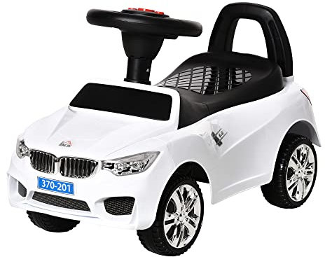 HOMCOM Coche Correpasillos para Niños de 18-36 Meses Andador Correpasillos con Faros Música Bocina Volante Espacio de Almacenaje y Asa para Empujar 63,5x28x36 cm Blanco