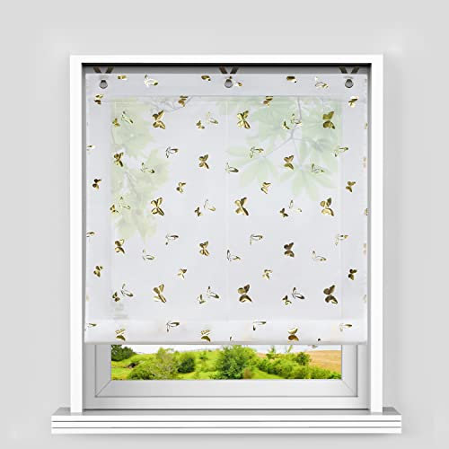 Heichkell Raffrollo mit Ösen Voile Moderne Raffgardine ohne Bohren Kleinfenster Gardine Küche Glänzende Schmetterling-Dekomuster Gold BxH 120x130 cm