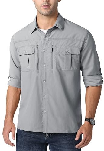 MAGCOMSEN Sporthemd Herren UPF 50+ Outdoorhemd Leicht Langarm Freizeithemd mit Multi Taschen Herren Quick Dry Funktionshemd UV Schutz Arbeit Hemden Militär Combat T-Shirt Hellgrau M