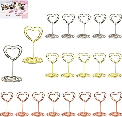 Plstod Cuore Segnaposto Tavolo, 20 Pezzi Segnaposto Matrimonio, Porta Foto con Mollette, Metallo Menu Clip Portacarte per Ristorante, Feste, Banchetti, Decorazione (Oro/Argento/Oro Rosa)