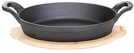 HOMLA Andreas Gusseisen Topf mit Untersetzer - zum Backen im Backofen - Bequeme Tragegriffe - Passender Bambus Untersetzer - Gusseisernes Gefäß - Langlebig und Widerstandsfähig - 27x15 cm