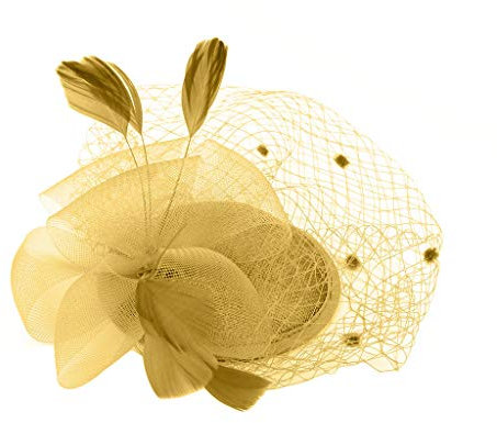 2023 Fascinator Hut Feder Mesh Tea Party Haarband für Frauen, Damen Fascinators Hut Blumenfeder Mesh Hut Vintage Cocktailparty Hochzeit Teeparty Kopfschmuck Haarschmuck, Damen (Gold, One Size)