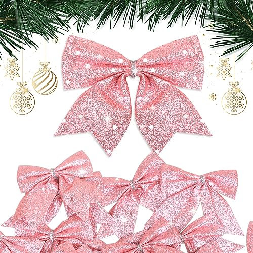 BHGT 24pcs Lazos Navidad Grandes para Árbol de Navidad Rosa con Purpurina 10cm Decoración Navidad Regalo Adornos Colgantes Navideños