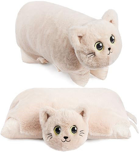 BRUBAKER Kuscheltier-Kissen Katze - 2 in 1 Plüschtier und Kuschelkissen - 40 x 30 cm Kuschelkatze - aufklappbares Kinder Plüschkissen mit Klettverschluss - Tierkissen Katzenkissen - Beige