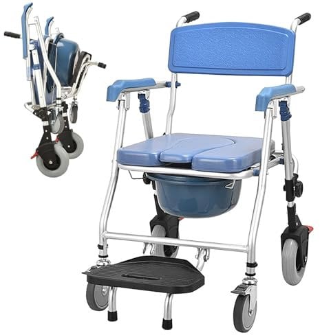 Duschstuhl für Senioren Klappbar, Toilettenstuhl Fahrbar mit Rollen, Duschsitz mit Armlehnen und Rückenlehne, Toilettenstühle für Behinderte, Tragfähigkeit 150kg Blau