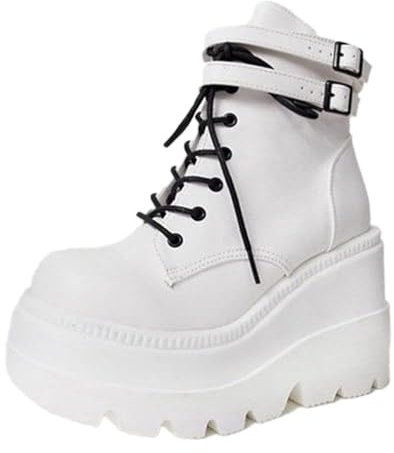 ticticlily Sneakers Platform Donna Stivali Zeppa Grosso Punta Tonda Autunno Stivali Da Combattimento Antiscivolo Stivali Con Lacci Con Cerniera Tacco Alto Stivali Alla Caviglia Spessi A Bianco 42 EU