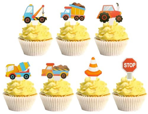 24 Stück Muffin Deko Bagger, Baustelle Cupcake Deko, Baufahrzeug Cupcake Topper Torte Kuchen Deko, Straßenschild Theme Geburtstag Party Tortendeko Kuchendeko Geburtstagsdeko für Kinder Junge