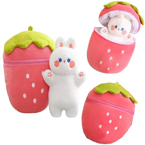YOUYIKE Weihnachten Plüschtier, 30CM Weihnachten Erdbeer Hasen Kuscheltier, Hasen Verstecken, Karotte Erdbeer Kuscheltier Hase Stofftier Hasen für Valentinstags Weihnachten Geburtstag für Kinder