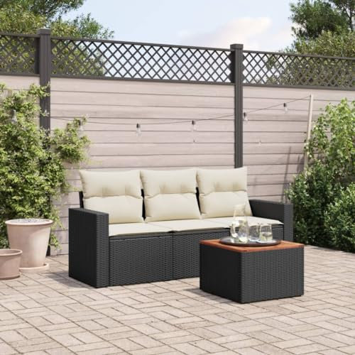 ULUYYUC 4-TLG. Garten-Sofagarnitur, Fußhocker Eckbankgruppe Ecksofa Gästebett Geeignet für Garten Außenbereich Hinterhof Balkon mit Kissen Schwarz Poly Rattan