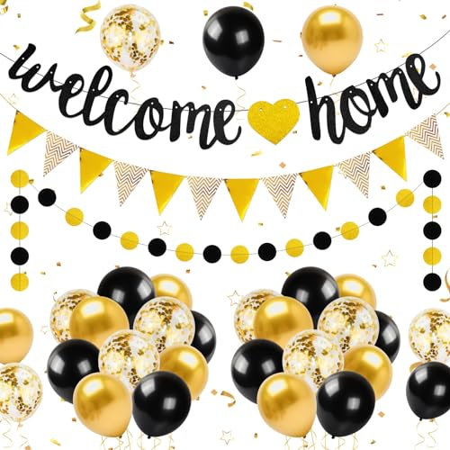 YSUVIN Welcome Home Dekoration, 1 Welcome Home Banner, 1 Runde Kette Banner, 1 Triangular Flag Banner, 20 Luftballons für Zuhause, Hochzeit, Einweihungsparty, Schwarz+Gold