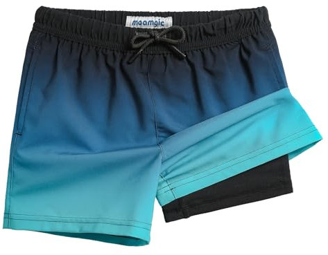 MaaMgic Badehose Jungen Kinder | Schnelltrocknend Kurz Swim Shorts für Kleine | 2 in 1 Badeshorts mit Kompression Innenhose Taschen Verstellbare Tunnelzug MEHRWE,25 Blau und Schwarz,5-6 Jahre